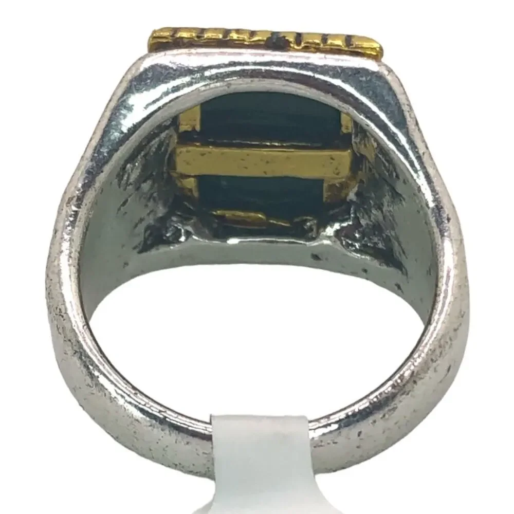 Silver and Gold Boho Ring with Green Stone - Size 8.5